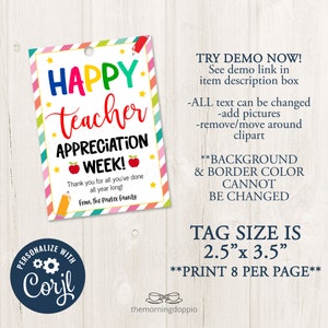 Printable/editable Happy Teacher Appreciation Week Thank You Gift Tag ...