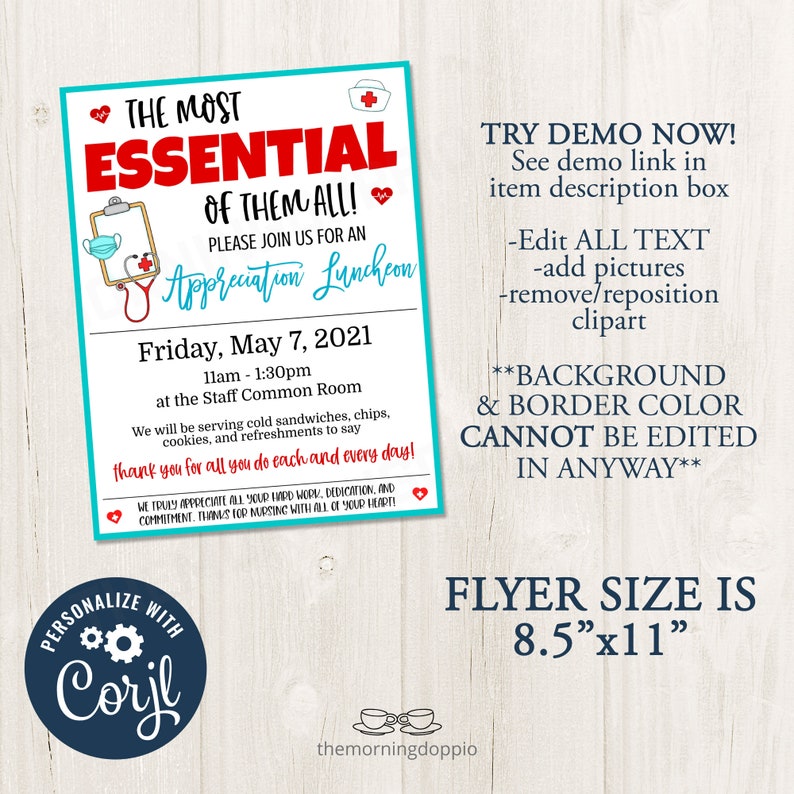 K&ouml;nnte beinhalten: Ein druckbarer Flyer mit blauem und t&uuml;rkisfarbenem Hintergrund und roten und wei&szlig;en Akzenten. Der Flyer lautet "The Most Essential of Them All!" und "Appreciation Luncheon". Der Flyer ist f&uuml;r ein Mittagessen am Freitag, den 7. Mai 2021, von 11:00 bis 13:30 Uhr im Personalraum. Der Flyer sagt auch "Try Demo Now!" und "See demo link in item description box".
