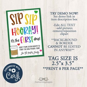 Printable/editable Sip Sip Hooray Coffee First Day of School Gift Tag ...