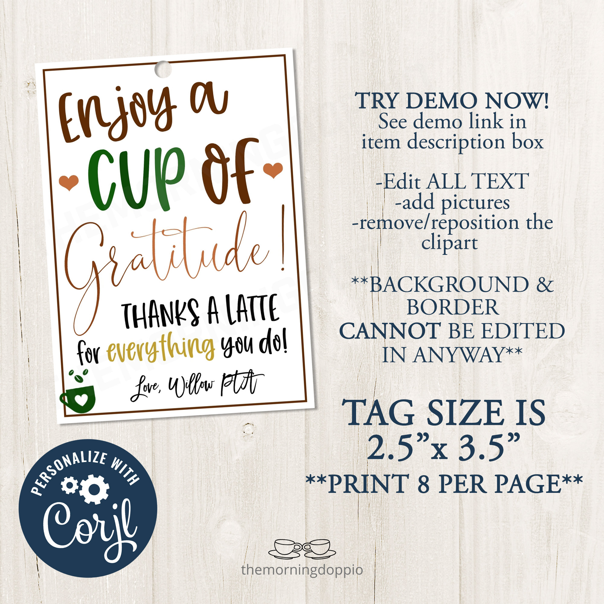 Printable/editable Cup of Gratitude Coffee Gift Tag, Thanks a Latte Coffee Printable Tag, Teacher Nurse Staff Teams Gift Tag, CORJL Template - Etsy for Cup Of Gratitude Free Printable