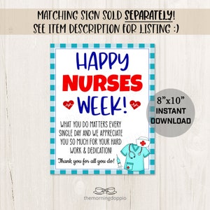 May include: Printable 8x10 inch sign with a blue and white checkered background. The sign says "Happy Nurses Week!" in red and blue letters. It also includes a cartoon image of a nurse in a blue uniform with a stethoscope and syringe. The text reads "What you do matters every single day and we appreciate you so much for your hard work & dedication! Thank you for all you do!"