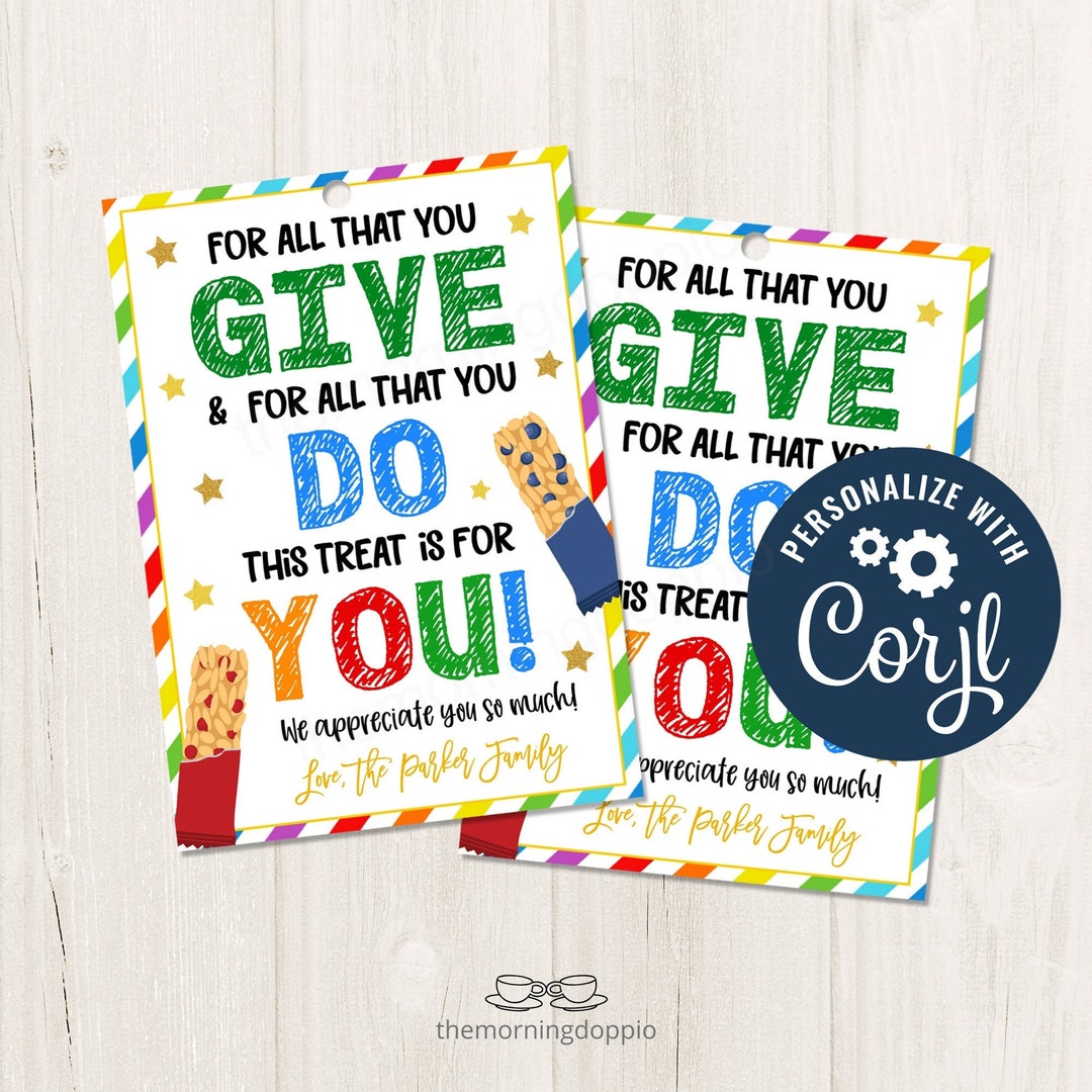 Printable/editable Granola Bar Thank You Appreciation Gift Tag for
