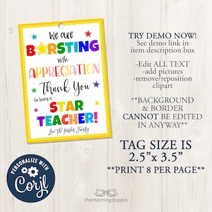 Printable/editable Bursting With Appreciation for a Star Teacher Candy ...