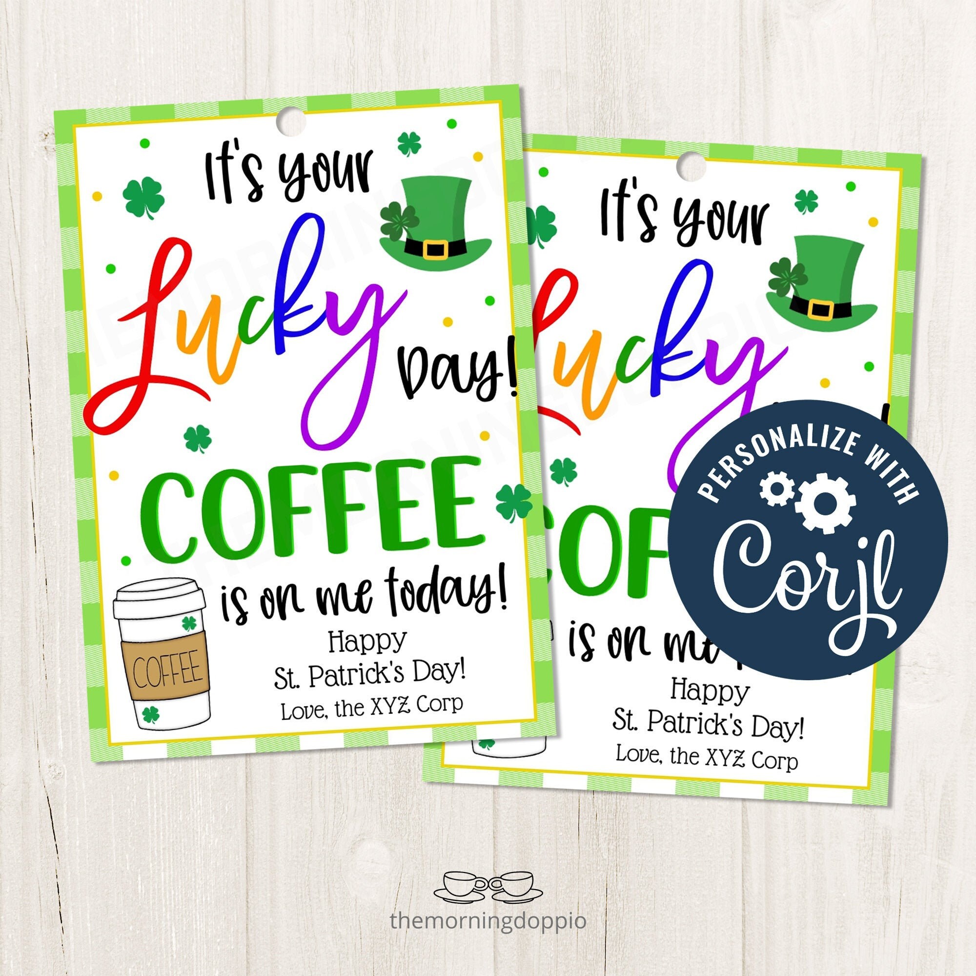 Etiqueta de presente Shamrock para agradecimento ao café do Dia de São Patrício para impressão/editável para professores, equipes de PTO, enfermeiros, modelo CORJL