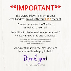 Puede incluir: Texto sobre un fondo blanco con las palabras "IMPORTANTE" en negrita, seguido de instrucciones para recibir un enlace CORJL despu&eacute;s de comprar en Etsy. El texto tambi&eacute;n incluye una nota para verificar las carpetas de spam para el correo electr&oacute;nico y una sugerencia para enviar un mensaje al vendedor si el enlace necesita ser enviado a otra direcci&oacute;n de correo electr&oacute;nico.