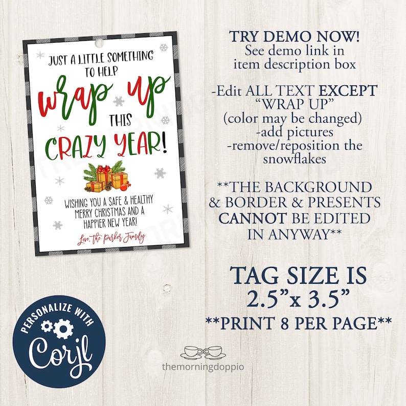Editable CORJL Template PrintableEDITABLE Just a little something to help wrap up this crazy year Christmas Gift Tag Holiday Gift Ideas