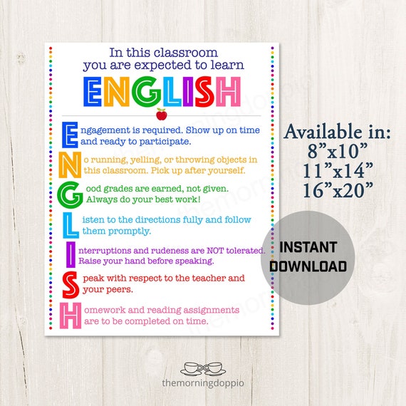 Buy Printable English Classroom Rules Poster Decor Decoration ...