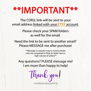 May include: Text on a white background with the words "IMPORTANT" in bold, followed by instructions for receiving a link to an Etsy account. The text also includes a note about checking spam folders and a message to contact the seller after purchase.