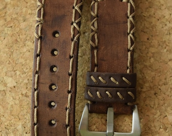 Vintage Brown Leather Watch Strap, Hand-Stitched, Handmade in Bulgaria