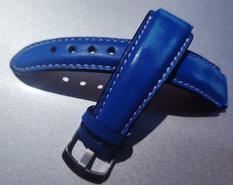 Handgemaakte blauwe Italiaanse leren horlogeband, met een verweerde denimlook, handgestikt (20/26/20 mm)