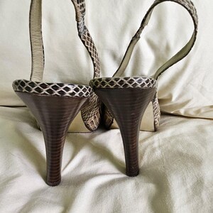 May include: A pair of high-heeled sandals with a snakeskin pattern. The heels are dark brown and tapered. The straps are thin and loop around the ankle. The sandals are set against a neutral background.