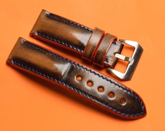 Op maat gemaakt horlogebandje van kalfsleer voor Panerai | Blauwe Franse stiksels, rode randen, handgemaakt in Bulgarije