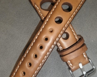 Handgemaakte leren rallyhorlogeband 26 mm, Franse stijl stiksels, custom raceband