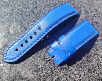 26 mm leren horlogeband voor Panerai, handgemaakte elektrisch blauwe horlogeband 26x22, gewatteerde luxe Italiaanse leren band, blauwe gewaxte Franse stiksels