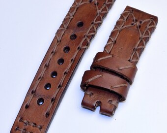 Handmade Vintage Leather Watch Strap, Brown Hand-Stitched Band