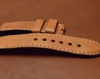 Handgestikte horlogeband van Italiaans kalfsleer, 26 mm, bruine vintage leren band.