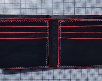 Portemonnee handgemaakt echt leer, zwart en rood met de hand gestikt