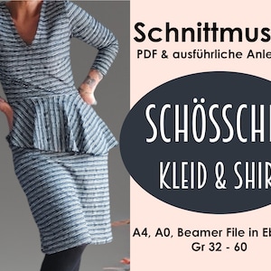 Pode incluir: Um padrão de costura para um vestido e uma camisa com um peplum, em listras pretas e brancas. O padrão está disponível nos tamanhos 32-60 e inclui um arquivo PDF e as instruções. O padrão chama-se "Schößchen Kleid & Shirt".