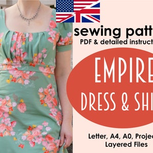 Könnte beinhalten: Ein Schnittmuster für ein Empire-Kleid und ein Empire-Shirt. Das Schnittmuster enthält Anleitungen und übereinanderliegende Dateien zum Drucken in den Formaten Letter, A4, A0 und Projektor.