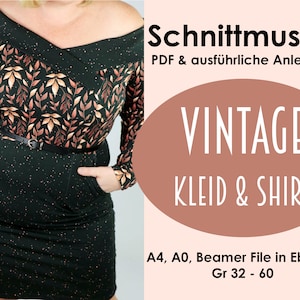 Könnte beinhalten: Ein digitales Download-Schnittmuster für ein Vintage-Kleid und -Shirt. Das Schnittmuster enthält Anleitungen und ist in den Größen 32-60 erhältlich. Das Bild zeigt ein Model, das ein schwarzes Kleid mit einem braunen und goldenen Blätter-Print-Oberteil trägt.