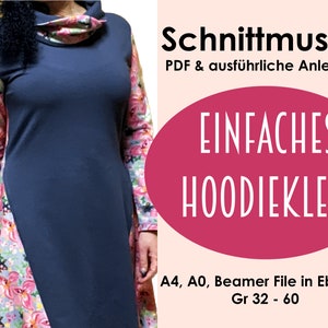 May include: A sewing pattern for a simple hoodie dress. The pattern includes instructions and is available in sizes 32-60. The pattern is available in PDF format and can be printed on A4, A0, or a projector.