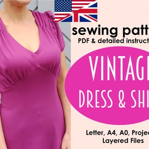 Könnte beinhalten: Ein Schnittmuster für ein Vintage-Kleid und -Shirt. Das Schnittmuster enthält PDF-Anleitungen und Ebenen-Dateien in den Größen Letter, A4, A0 und Projector.