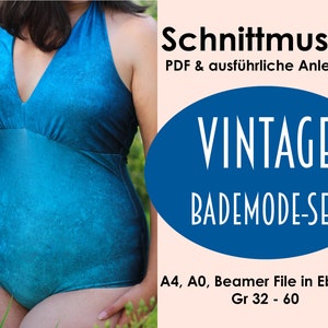 以下が含まれることがあります： ヴィンテージ水着の縫製プロジェクトのためのデジタルダウンロードパターン。パターンには説明書が含まれており、サイズ32〜60でご利用いただけます。画像は、ターコイズブルーの水着を着た女性を示しています。