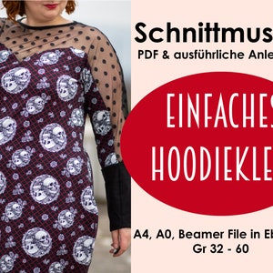 May include: A sewing pattern for a simple hoodie dress. The pattern includes instructions and is available in sizes 32-60. The pattern is available in PDF format and can be printed on A4, A0, or a projector.