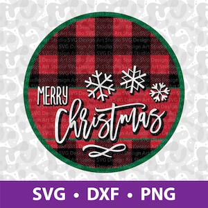 Merry Christmas Plaid Pattern Round Front Door Ornament SVG, Door Hanger wreath porch cut file png dxf, Instant Download