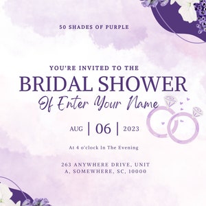 50 Shades of Purple Bridal Shower Invitation, Editable, Printable, Canva Template, purple, elegant.