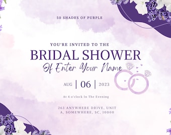 50 Shades of Purple Bridal Shower Invitation, Editable, Printable, Canva Template, purple, elegant.