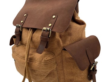 Canvas backpack with a hand-stained leather flap, canvas backpack, leather flap