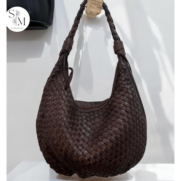 Handcrafted Woven Leather Hobo Bag: Vintage Washed Shoulder Bag
