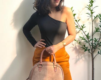 Handcrafted Suede Leather Shoulder Bag: Cinnamon Trim
