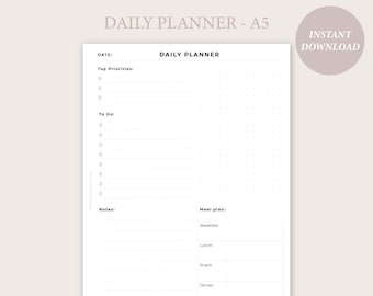 Daily planner, Day on 1 page, A5 daily planner, printable insert, planner insert