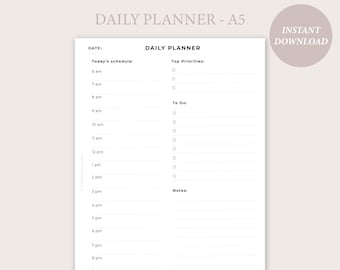 Daily planner, Day on 1 page, A5 daily planner, printable insert, planner insert