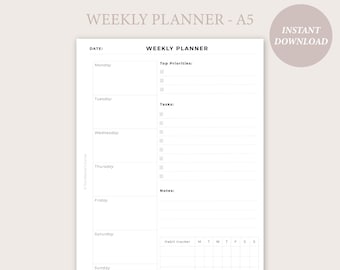 Weekly planner, week on 1 page, A5 weekly planner, printable insert, planner insert, habit tracker