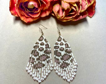 Leopard Print Seed Bead Fringe Earrings, Bohemian Dangle Jewelry
