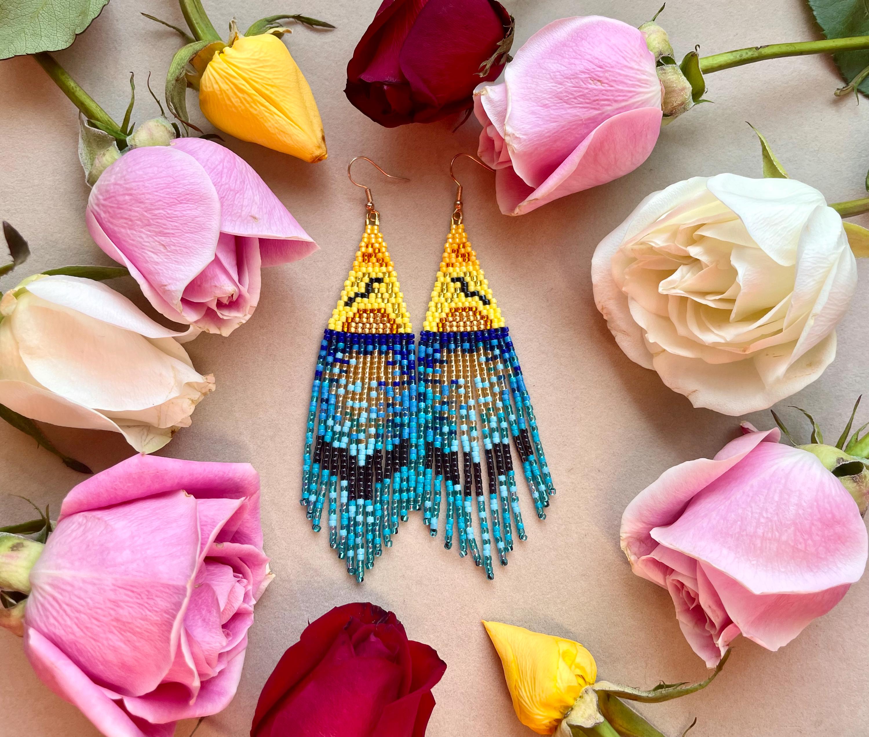 Ocean Sunset Seed Bead Fringe Earrings, Bohemian Dangle Jewelry - Etsy