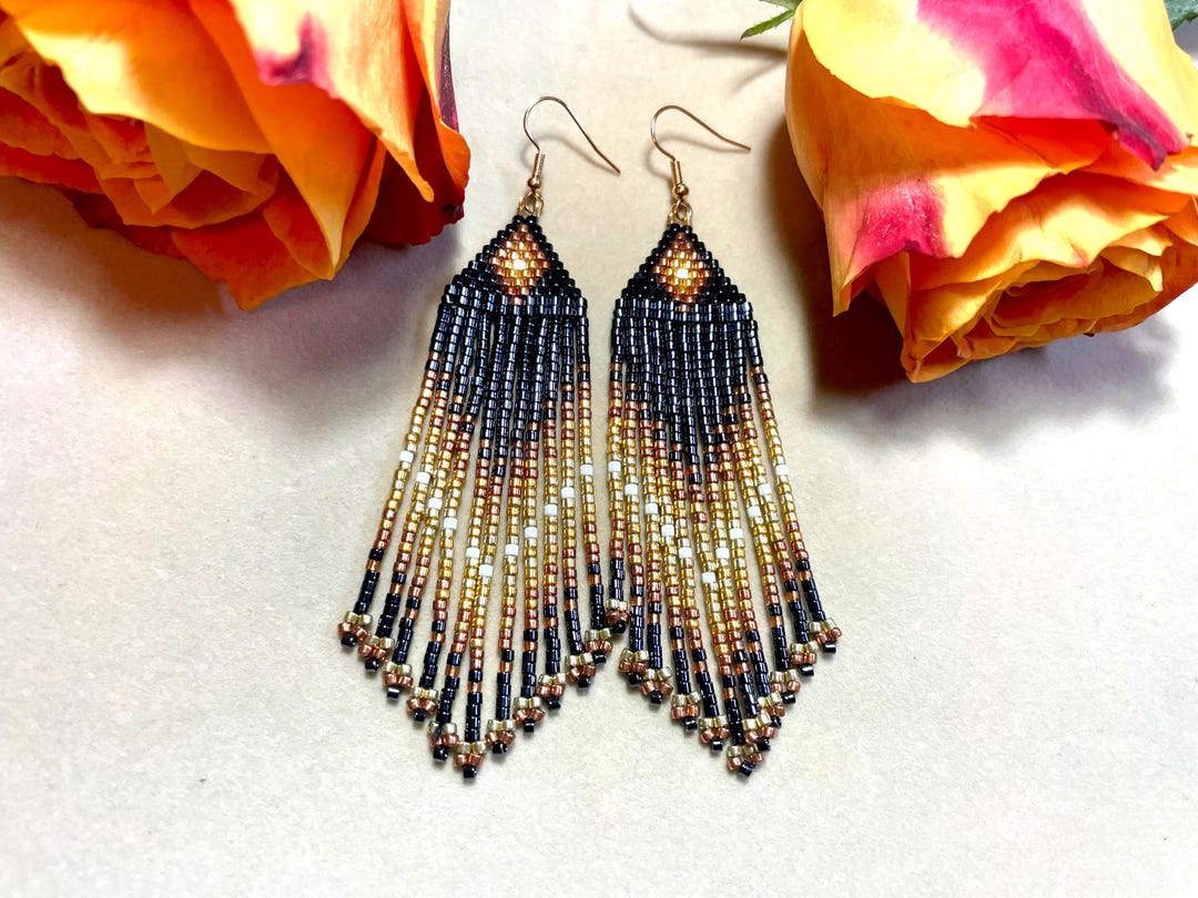 Elegant Seed Beaded Earrings, Long Handmade Seed Bead Fringe Earrings ...