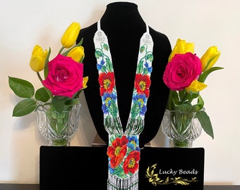 Handmade Loom Beaded Gerdan Necklace, Czech Seed Beads, Ukrainian Flower Design