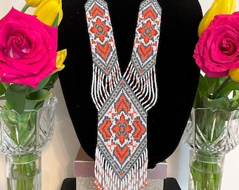 Handmade Loom Beaded Necklace, Czech Seed Beads Gerdan, Ukrainian Ornament