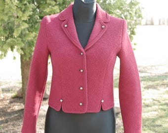Talla 36/ cárdigan vintage de lana folk chaqueta de lana blazer de lana lana hervida fieltro de lana rojo burdeos minimalista abotonado corto