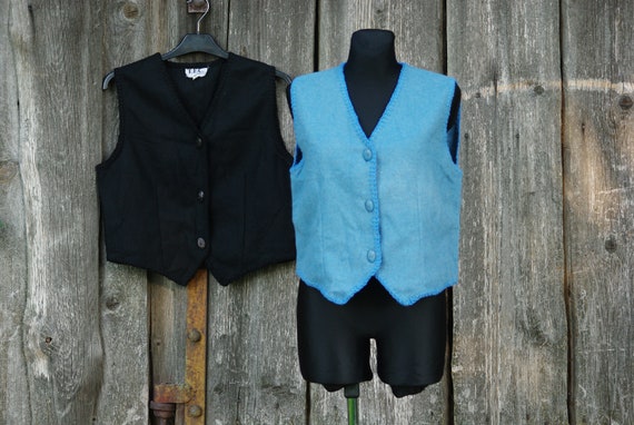 2 vests Vintage wool vest blue and black wool vest