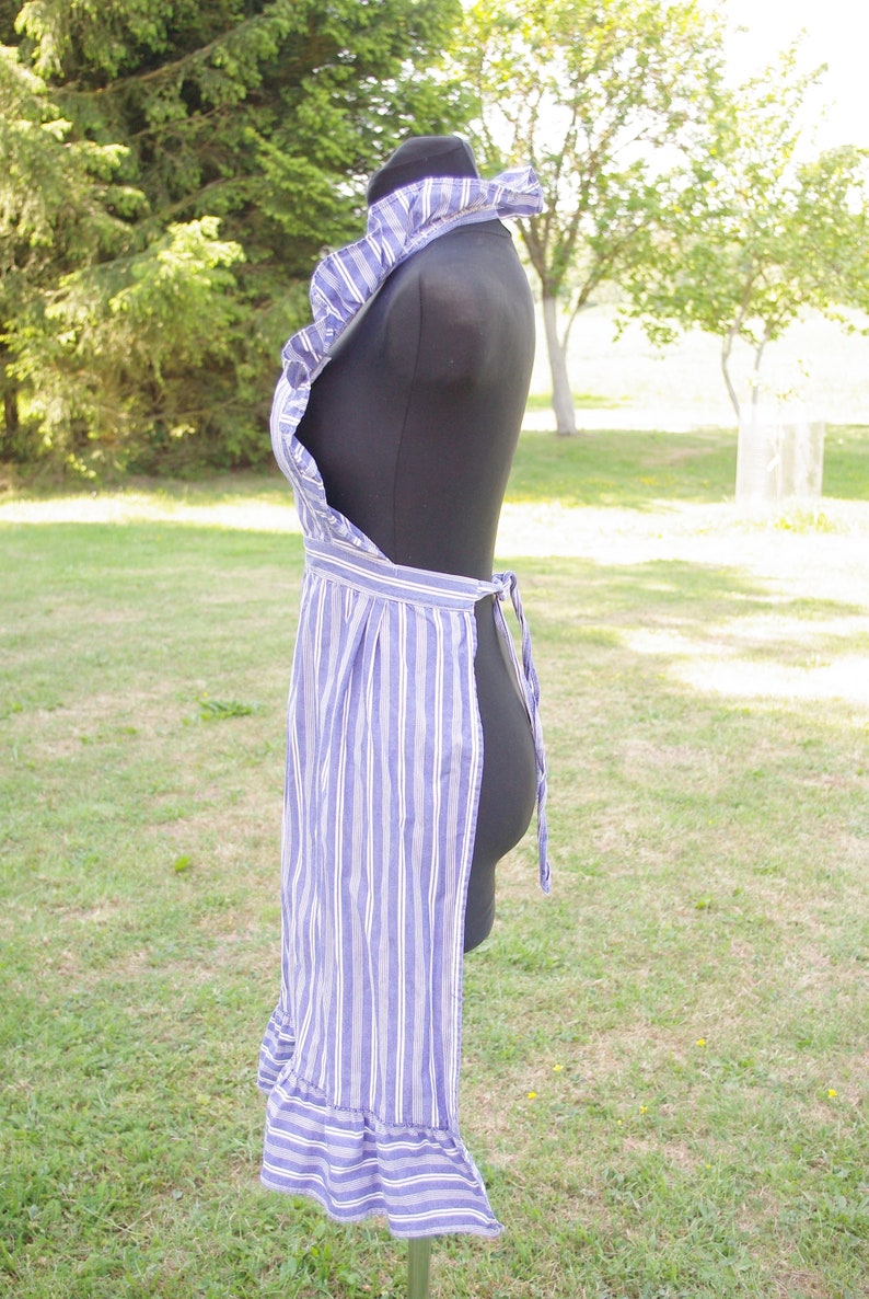 Taille XS-S Coton rayé à volants vintage rétro tablier Vintage bleu blanc rayé midi chasuble tablier robe chasuble robe tablier robe rayé image 4
