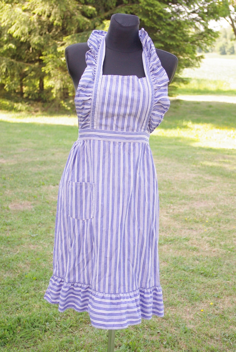 Taille XS-S Coton rayé à volants vintage rétro tablier Vintage bleu blanc rayé midi chasuble tablier robe chasuble robe tablier robe rayé image 2