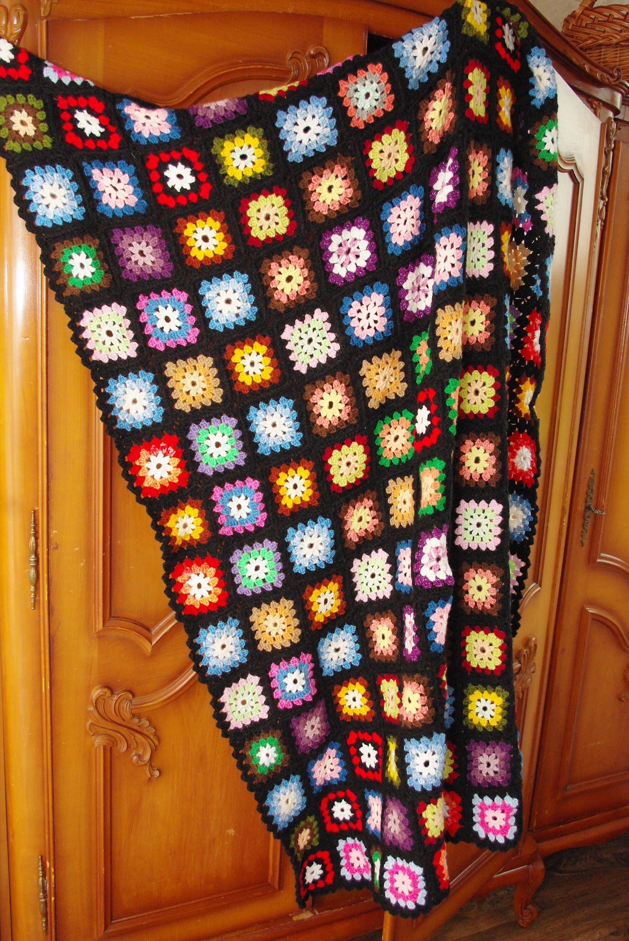 Vintage Crochet Granny Square Blanket Queen Size Fringe