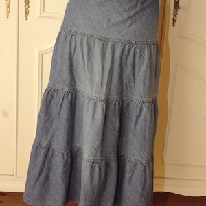 18 UK size/Long Boho Chic Tiered Blue Denim Skirt Denim Maxi Skirt Women, Tiered Denim Maxi Skirt without Slit, Denim Skirt Casual, Denim