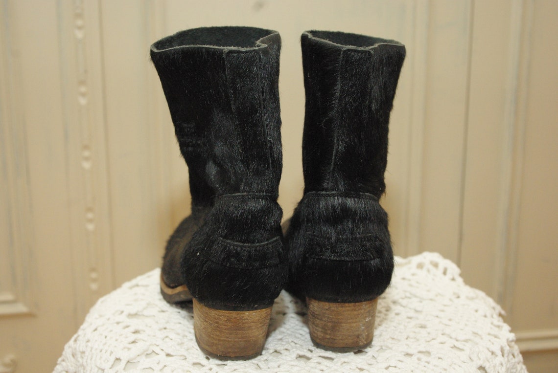 38 size/Comfortable fur heels boots Vintage Leather black boots/Y2K fur /Retro boots leather black leather soft  boots heel boots wedding, foto 3 di 3