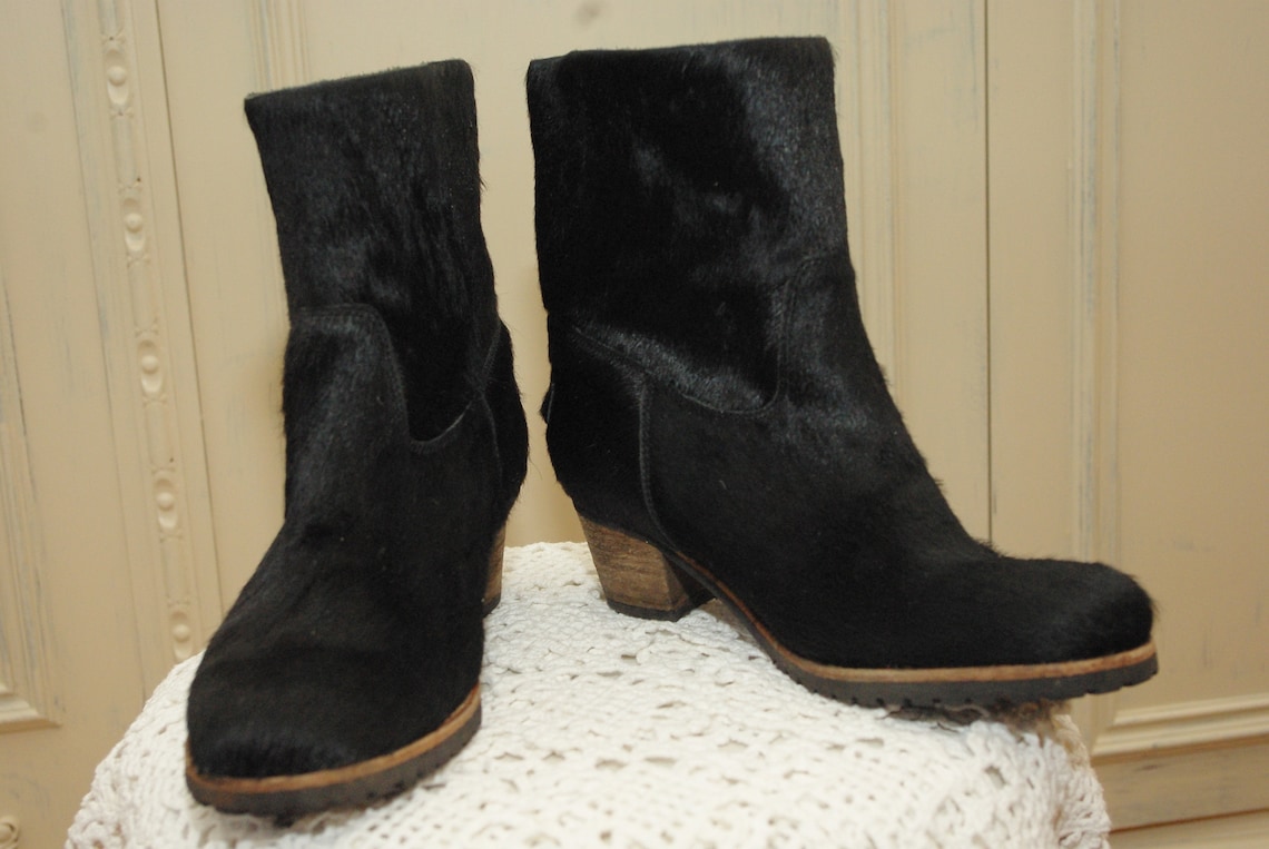 38 size/Comfortable fur heels boots Vintage Leather black boots/Y2K fur /Retro boots leather black leather soft  boots heel boots wedding, foto 2 di 3